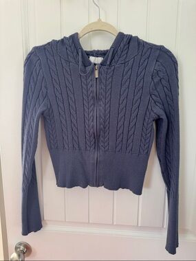 Pink Rose Cable-Knit Zip Hoodie Sweater - Blue